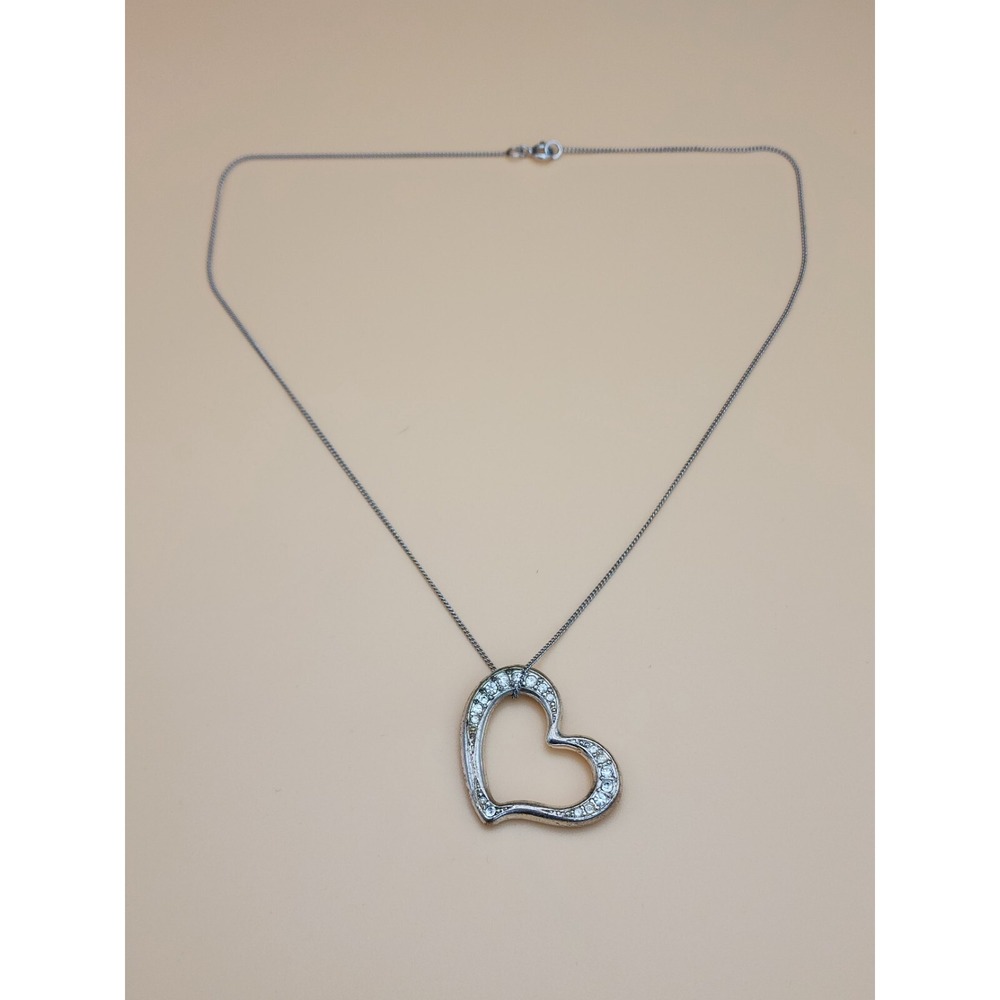 Tilted Heart Signed 925‎ Sterling Silver Plate With CZ Accents Necklace
